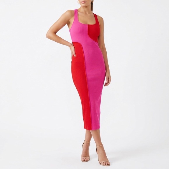 Naked Wardrobe Pink Red Ribbed Colorblock Racerback Midi Dress NW-D2400 Mens S - Picture 1 of 8